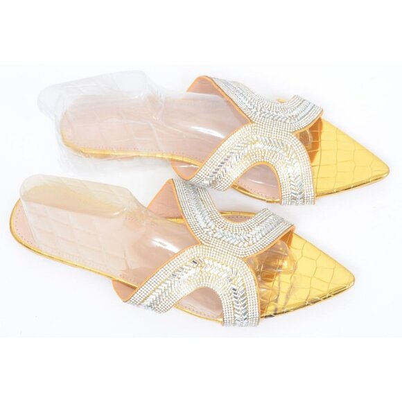 NEW Metallic Gold Rhinestones Sparkly Pointed Toe Flat Sandals Formal Flat US 10 - Picture 5 of 10